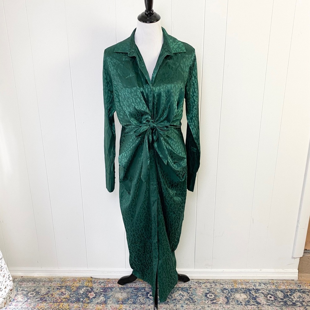 Petal + Pup Emerald Green Leopard Satin Tie Front Midi Dress Size M Long Sleeve